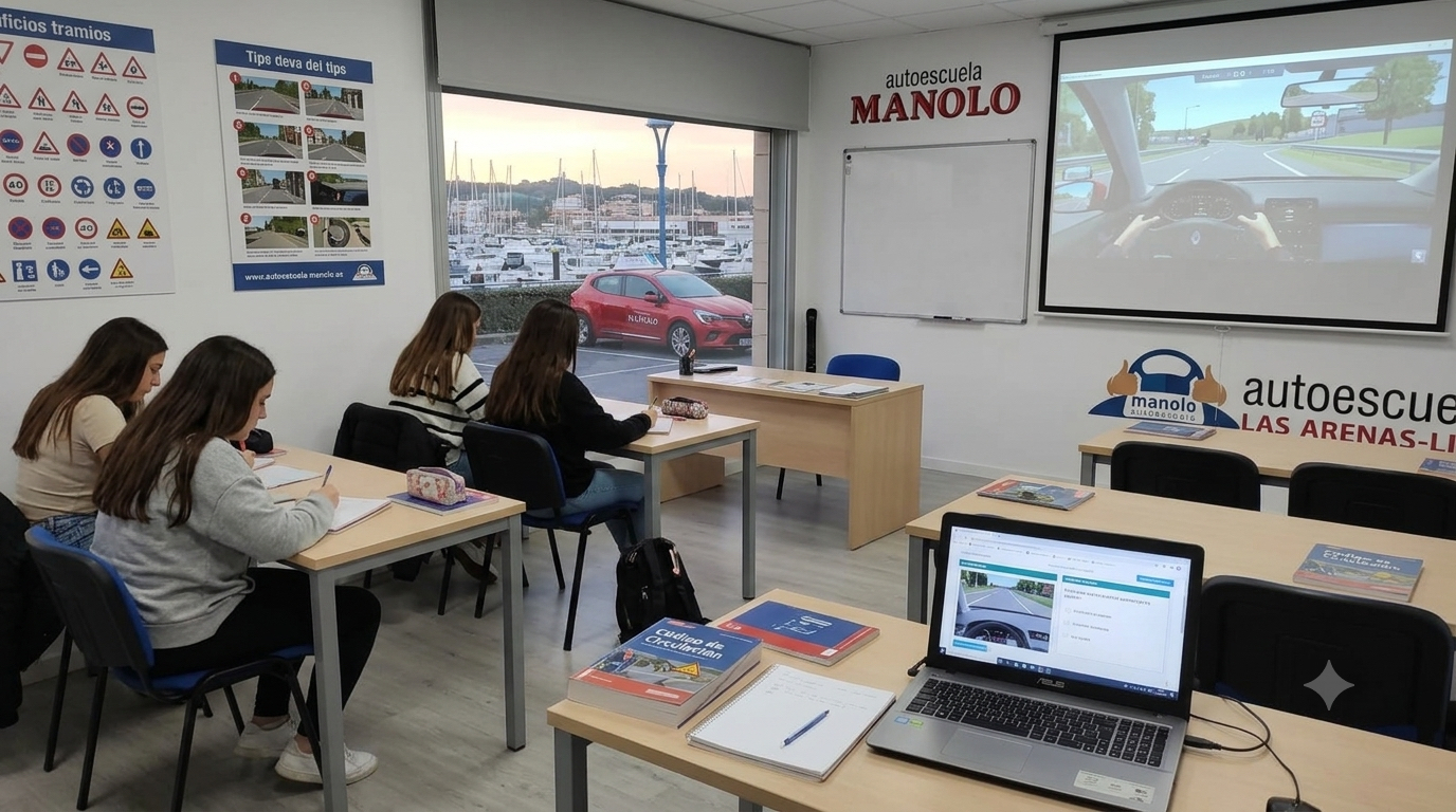 Aula de Autoescuela Manolo con alumnos preparando el examen teórico